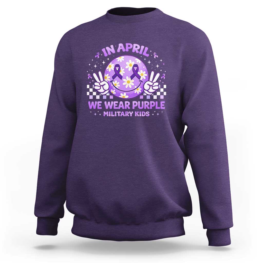 Proud Military Kids Sweatshirt Groovy Smile Face In April We Wear Purple Military Child Month