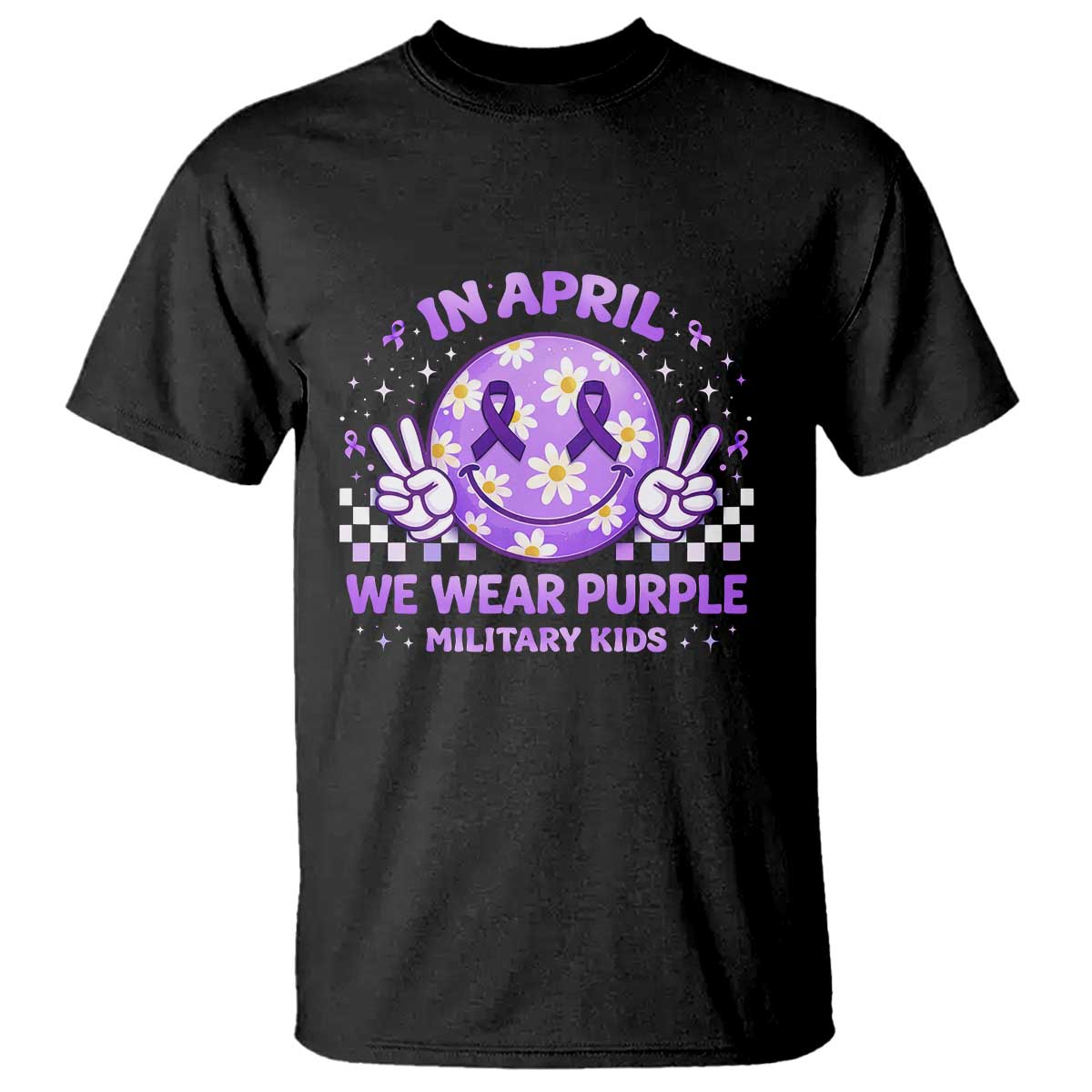 Proud Military Kids T Shirt Groovy Smile Face In April We Wear Purple Military Child Month