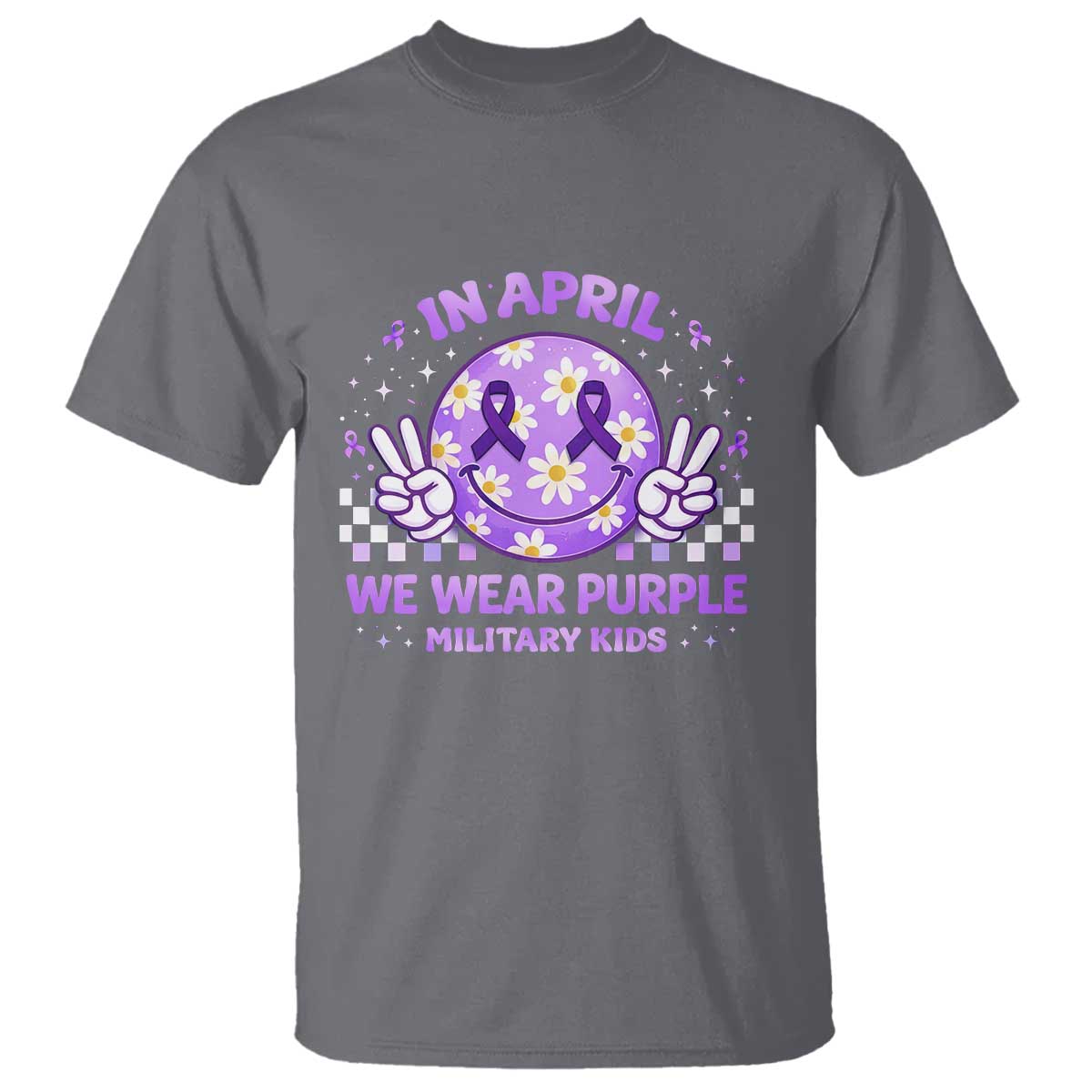 Proud Military Kids T Shirt Groovy Smile Face In April We Wear Purple Military Child Month