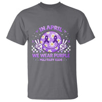 Proud Military Kids T Shirt Groovy Smile Face In April We Wear Purple Military Child Month