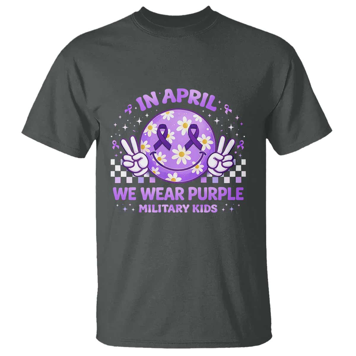 Proud Military Kids T Shirt Groovy Smile Face In April We Wear Purple Military Child Month
