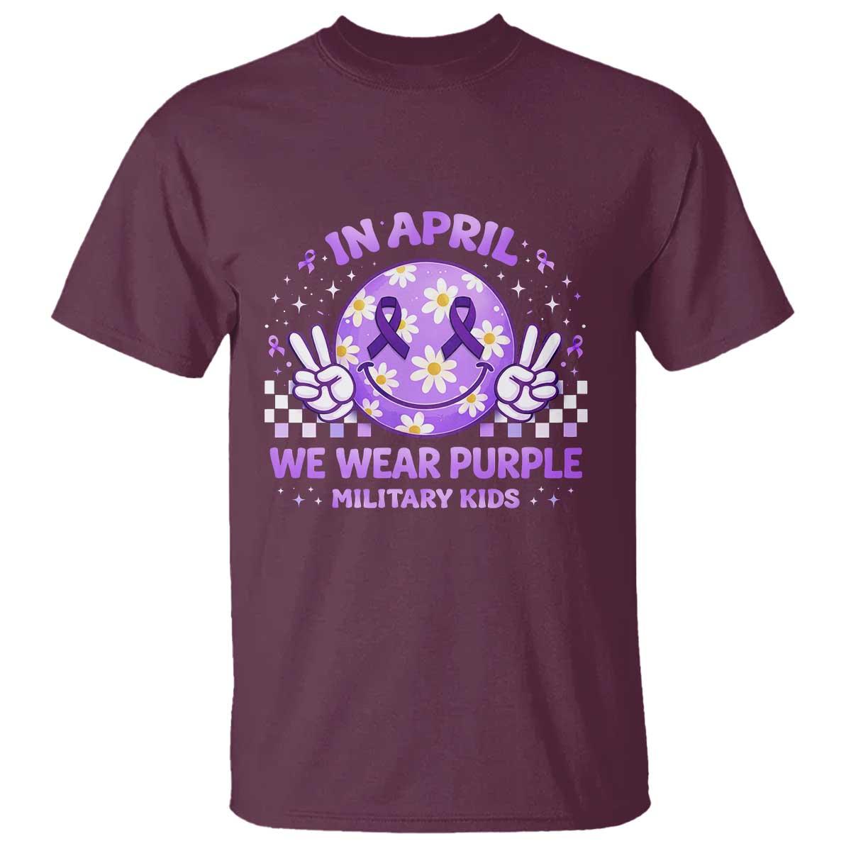 Proud Military Kids T Shirt Groovy Smile Face In April We Wear Purple Military Child Month