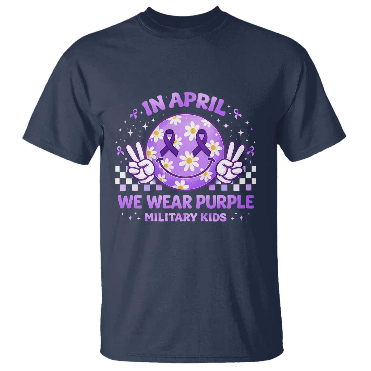 Proud Military Kids T Shirt Groovy Smile Face In April We Wear Purple Military Child Month