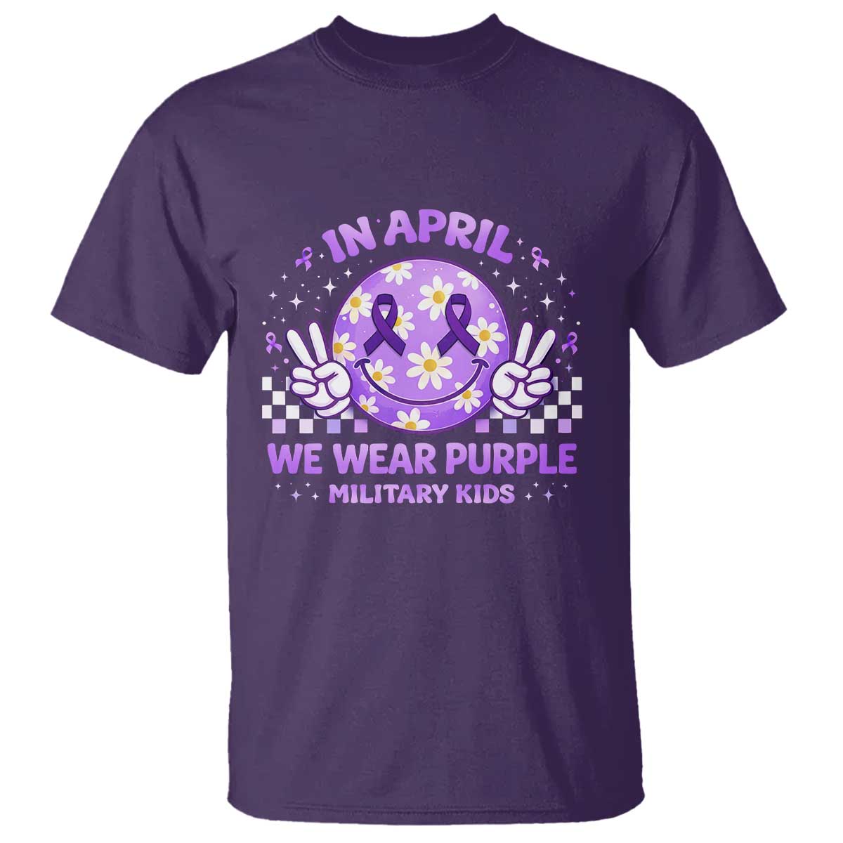 Proud Military Kids T Shirt Groovy Smile Face In April We Wear Purple Military Child Month