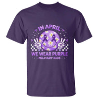Proud Military Kids T Shirt Groovy Smile Face In April We Wear Purple Military Child Month