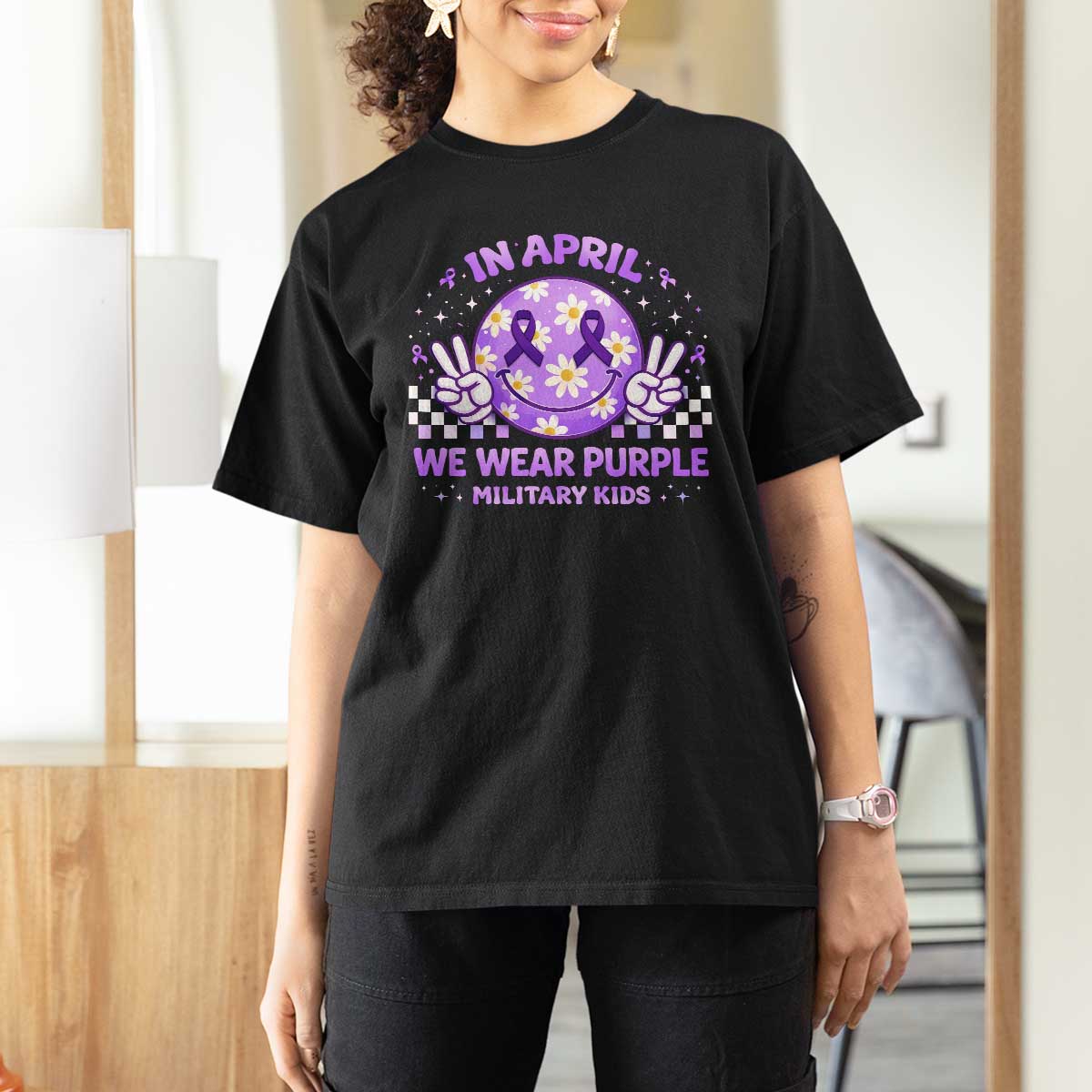 Proud Military Kids T Shirt For Women Groovy Smile Face In April We Wear Purple Military Child Month
