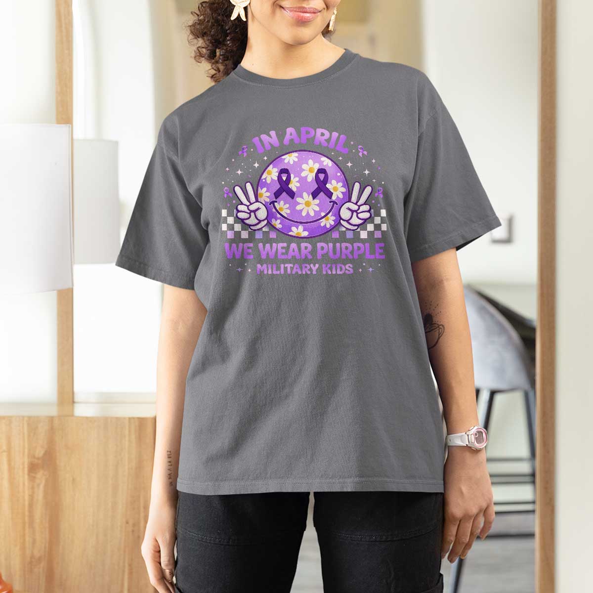Proud Military Kids T Shirt For Women Groovy Smile Face In April We Wear Purple Military Child Month