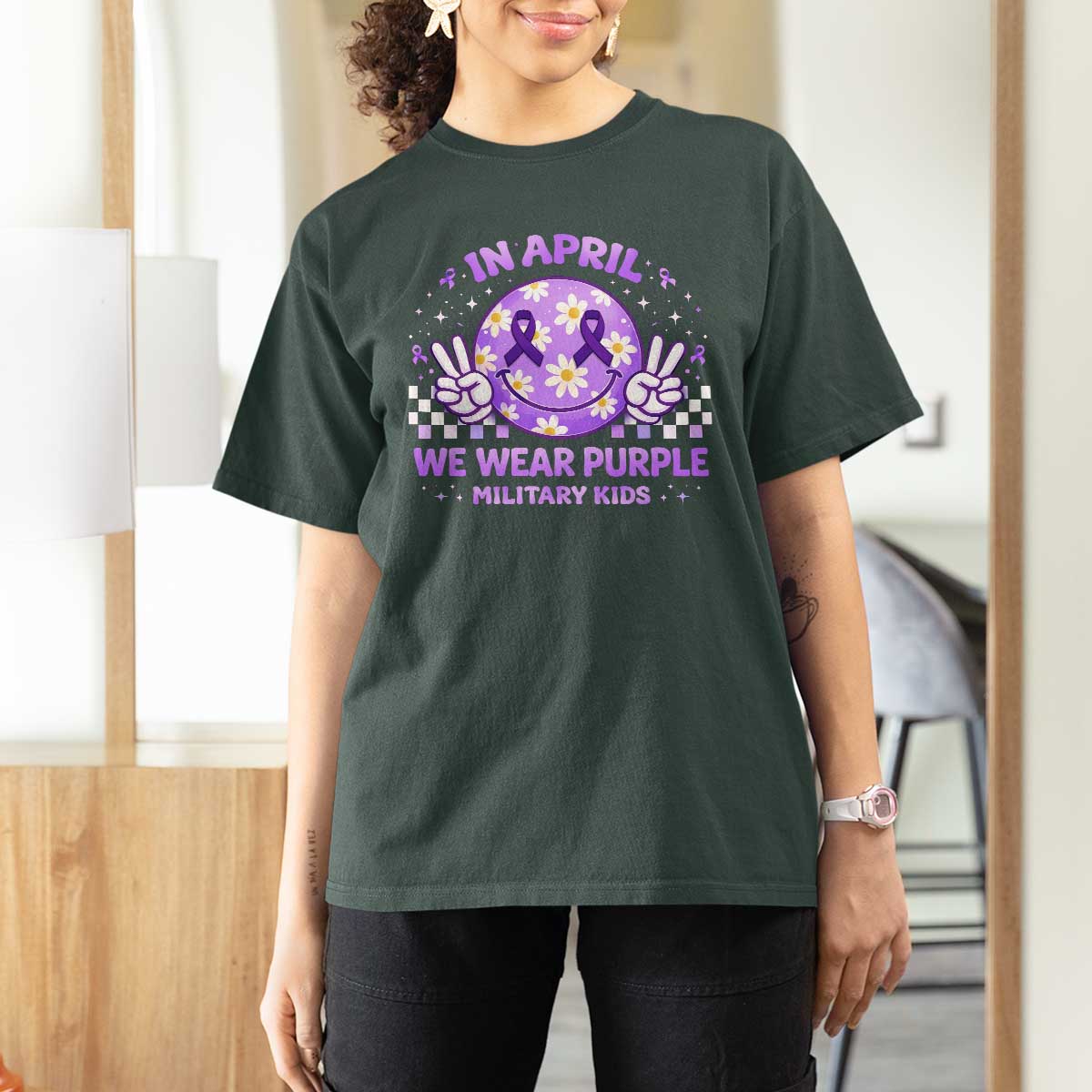 Proud Military Kids T Shirt For Women Groovy Smile Face In April We Wear Purple Military Child Month