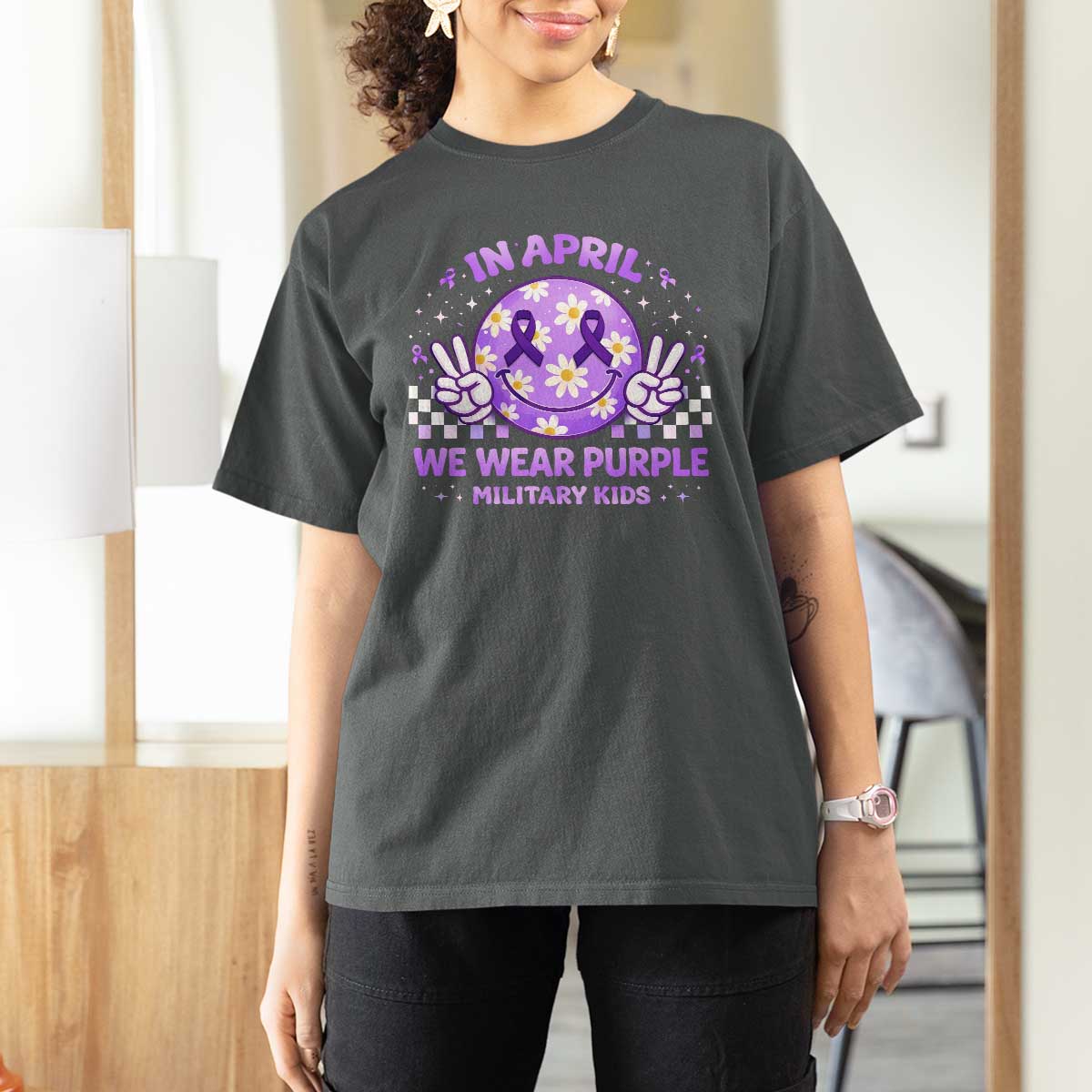 Proud Military Kids T Shirt For Women Groovy Smile Face In April We Wear Purple Military Child Month