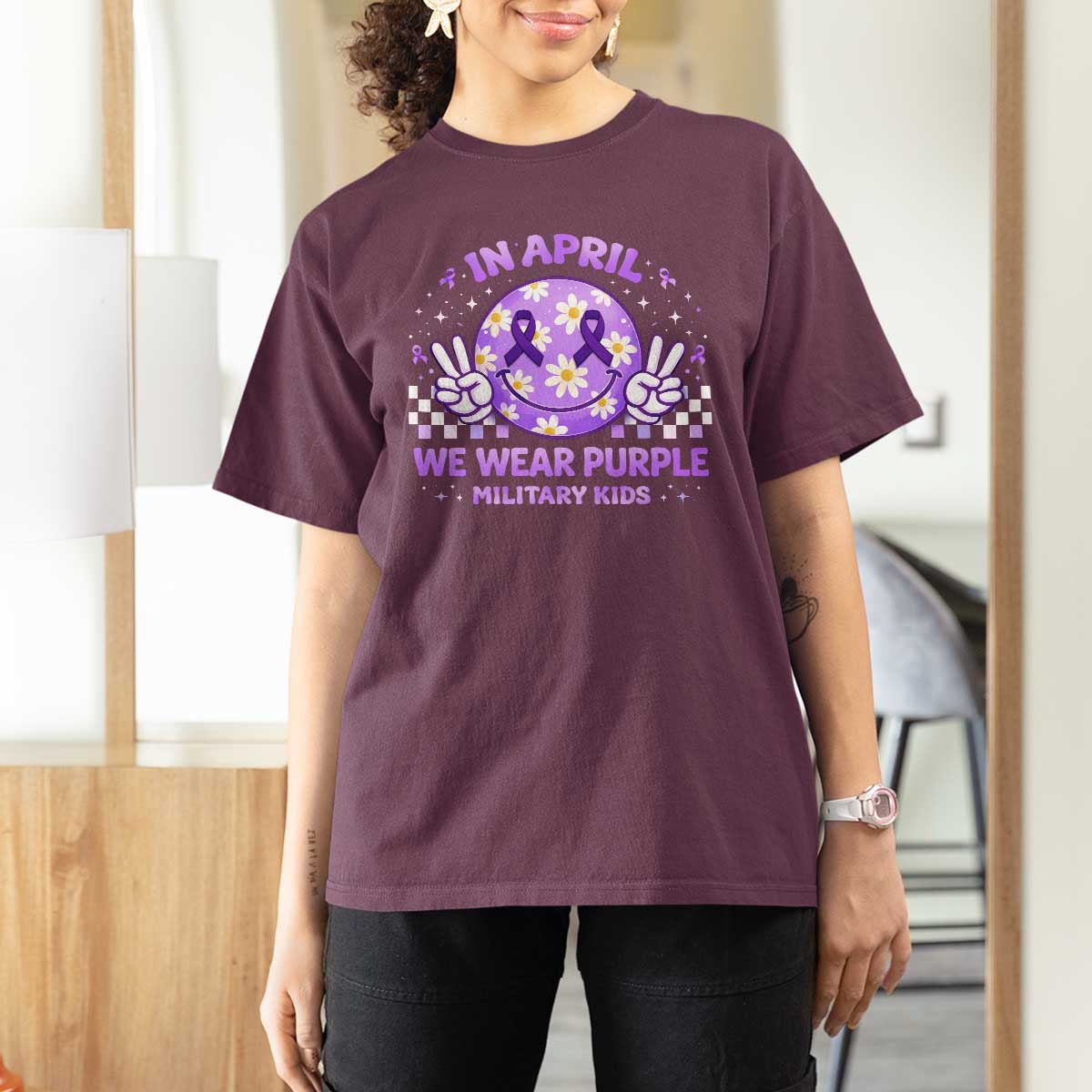 Proud Military Kids T Shirt For Women Groovy Smile Face In April We Wear Purple Military Child Month