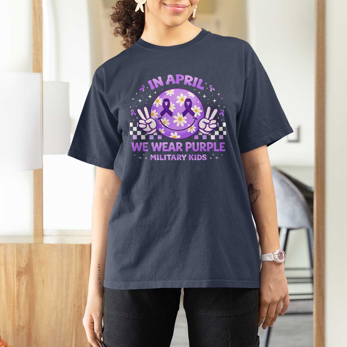 Proud Military Kids T Shirt For Women Groovy Smile Face In April We Wear Purple Military Child Month