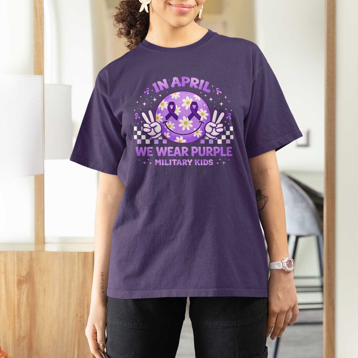 Proud Military Kids T Shirt For Women Groovy Smile Face In April We Wear Purple Military Child Month