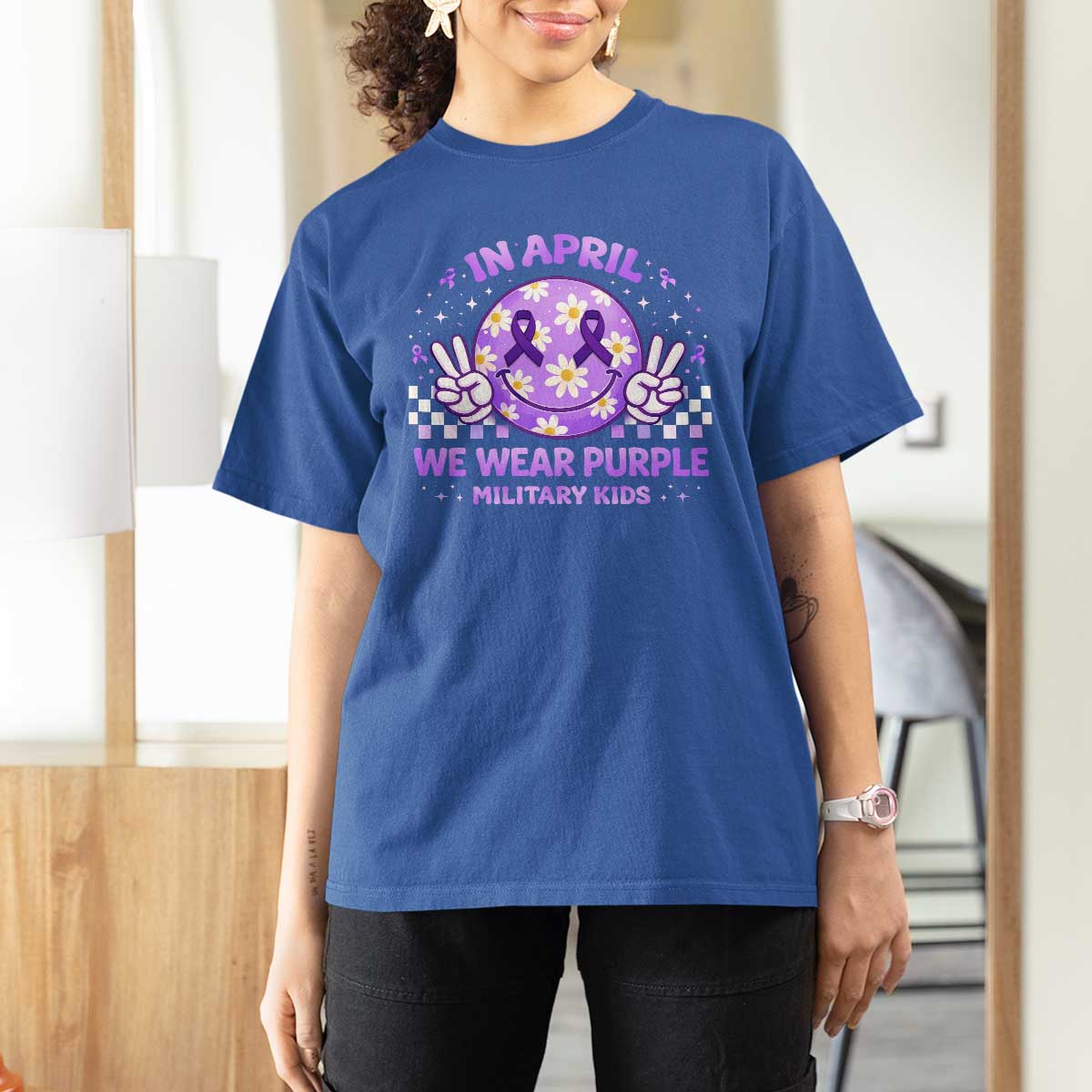 Proud Military Kids T Shirt For Women Groovy Smile Face In April We Wear Purple Military Child Month
