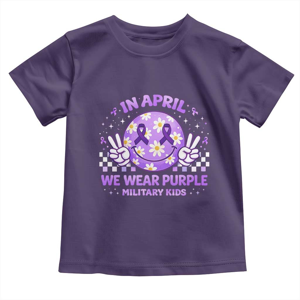 Proud Military Kids Toddler T Shirt Groovy Smile Face In April We Wear Purple Military Child Month