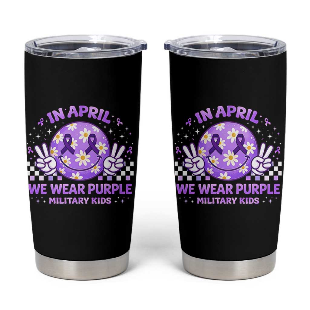 Proud Military Kids Tumbler Cup Groovy Smile Face In April We Wear Purple Military Child Month