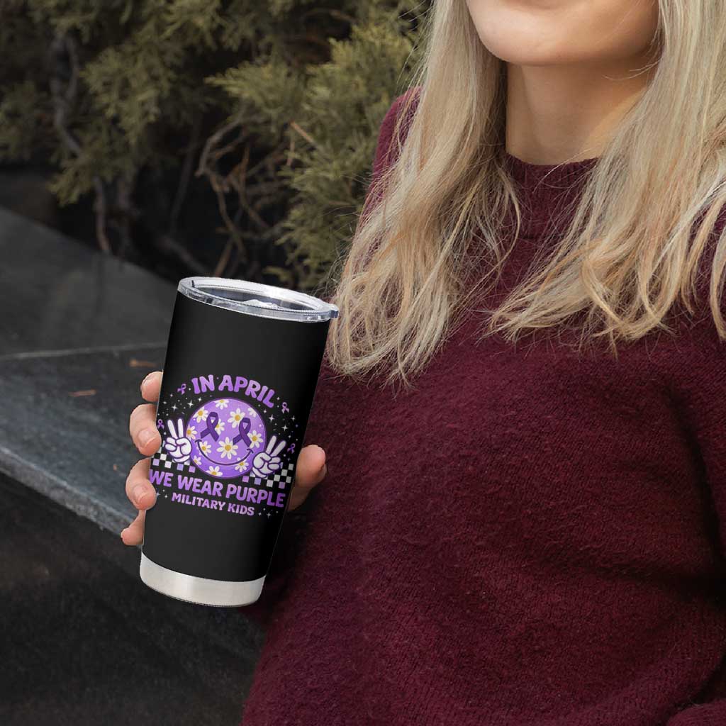 Proud Military Kids Tumbler Cup Groovy Smile Face In April We Wear Purple Military Child Month