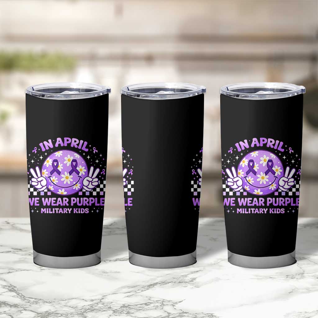 Proud Military Kids Tumbler Cup Groovy Smile Face In April We Wear Purple Military Child Month