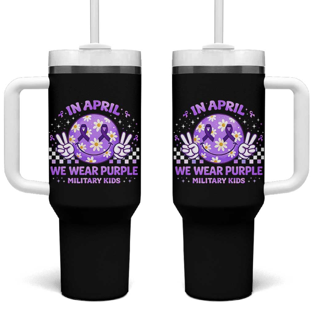 Proud Military Kids Tumbler With Handle Groovy Smile Face In April We Wear Purple Military Child Month