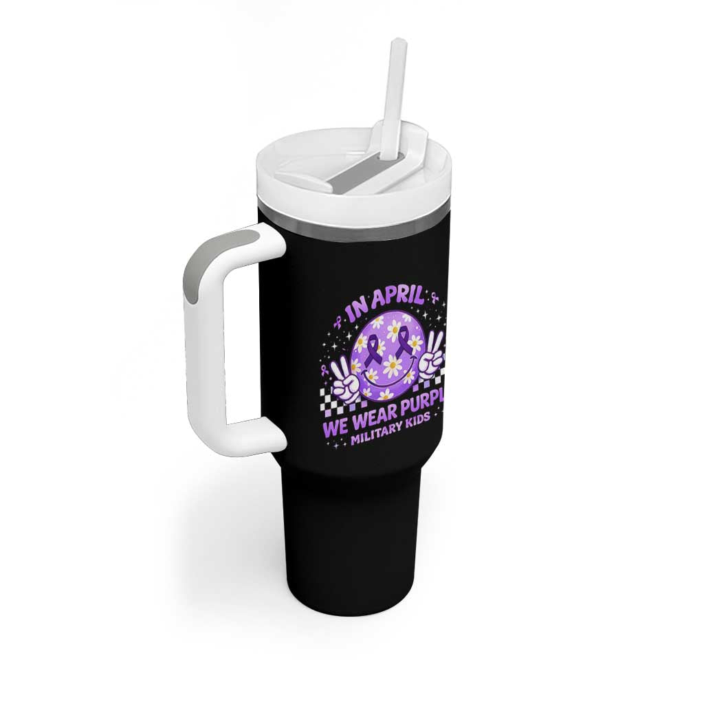 Proud Military Kids Tumbler With Handle Groovy Smile Face In April We Wear Purple Military Child Month