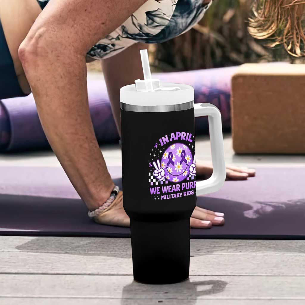 Proud Military Kids Tumbler With Handle Groovy Smile Face In April We Wear Purple Military Child Month