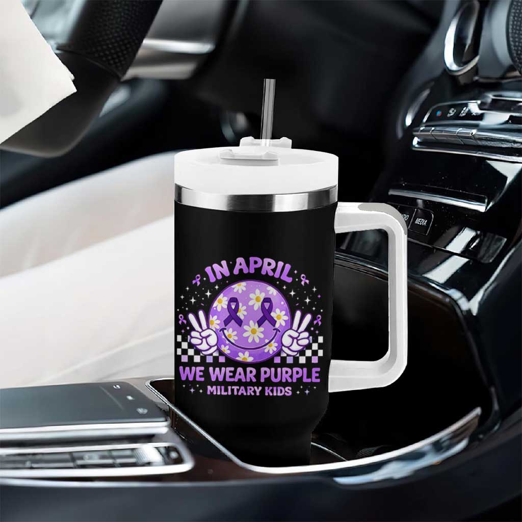 Proud Military Kids Tumbler With Handle Groovy Smile Face In April We Wear Purple Military Child Month