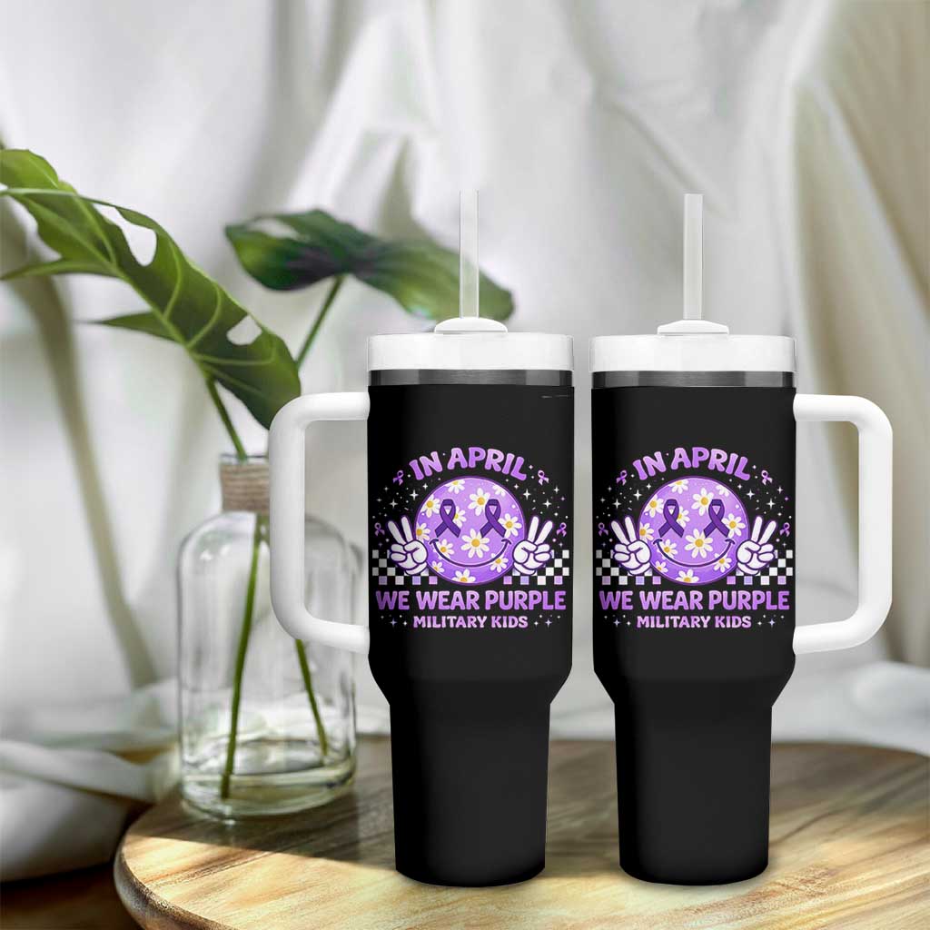 Proud Military Kids Tumbler With Handle Groovy Smile Face In April We Wear Purple Military Child Month