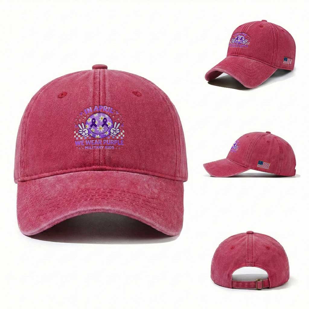 Proud Military Kids Washed Cotton Baseball Cap Groovy Smile Face In April We Wear Purple Military Child Month