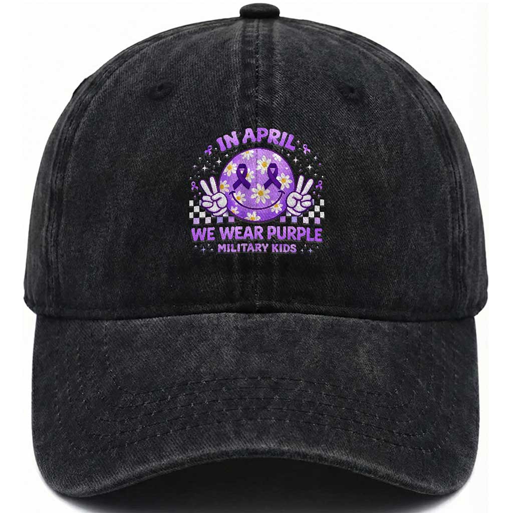 Proud Military Kids Washed Cotton Baseball Cap Groovy Smile Face In April We Wear Purple Military Child Month