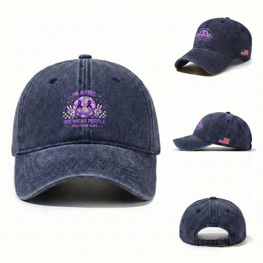 Proud Military Kids Washed Cotton Baseball Cap Groovy Smile Face In April We Wear Purple Military Child Month