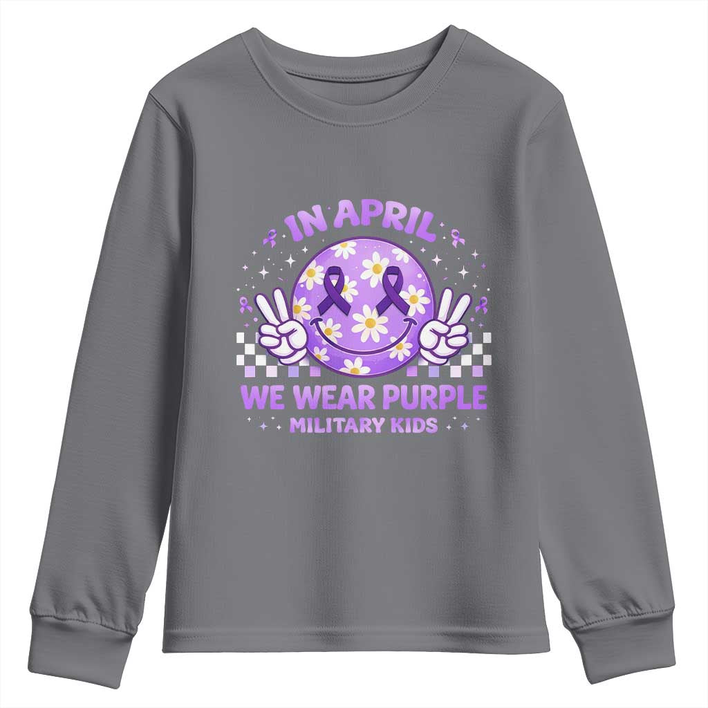 Proud Military Kids Youth Sweatshirt Groovy Smile Face In April We Wear Purple Military Child Month