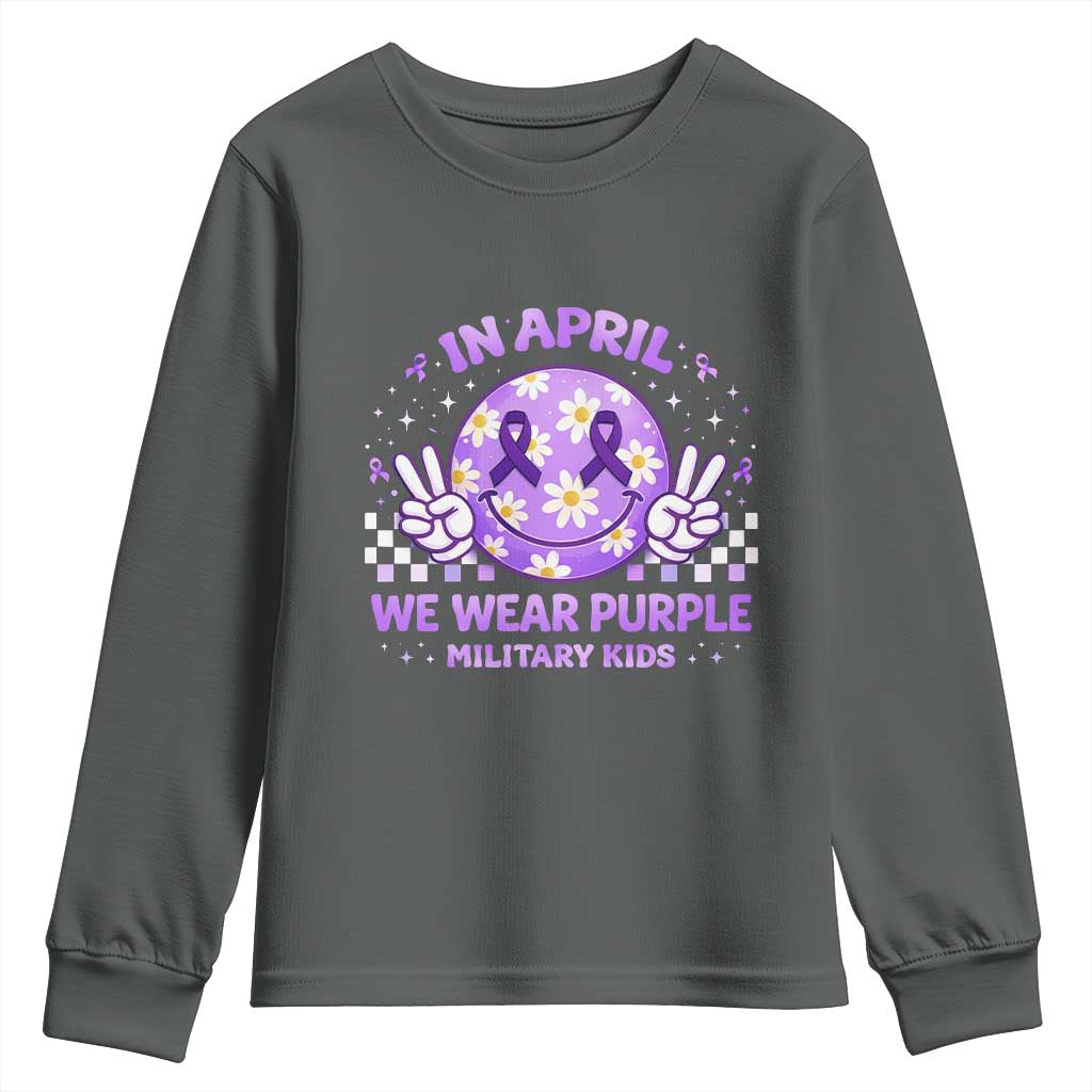 Proud Military Kids Youth Sweatshirt Groovy Smile Face In April We Wear Purple Military Child Month