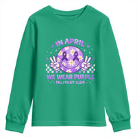 Proud Military Kids Youth Sweatshirt Groovy Smile Face In April We Wear Purple Military Child Month