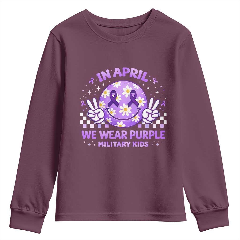 Proud Military Kids Youth Sweatshirt Groovy Smile Face In April We Wear Purple Military Child Month