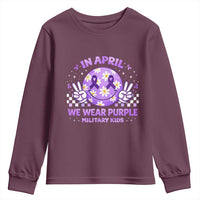 Proud Military Kids Youth Sweatshirt Groovy Smile Face In April We Wear Purple Military Child Month