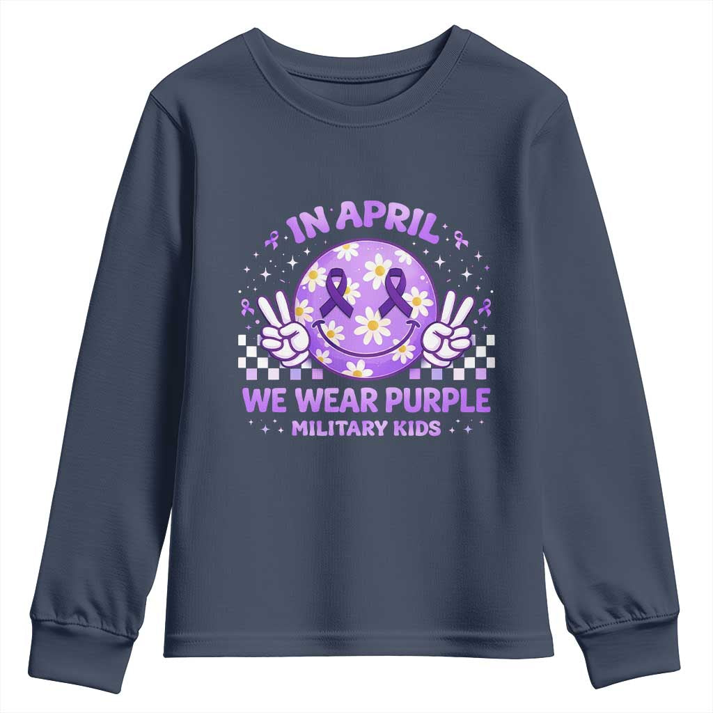 Proud Military Kids Youth Sweatshirt Groovy Smile Face In April We Wear Purple Military Child Month