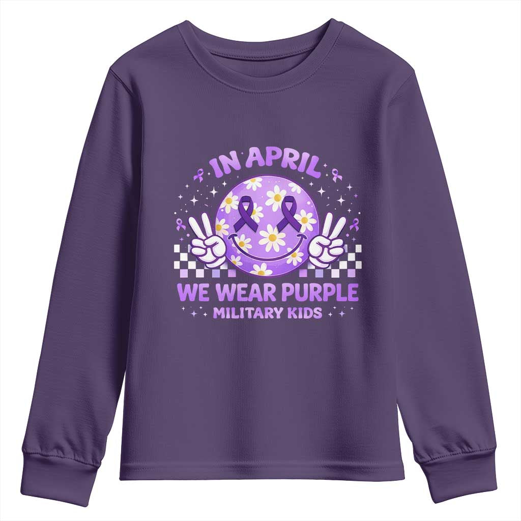 Proud Military Kids Youth Sweatshirt Groovy Smile Face In April We Wear Purple Military Child Month