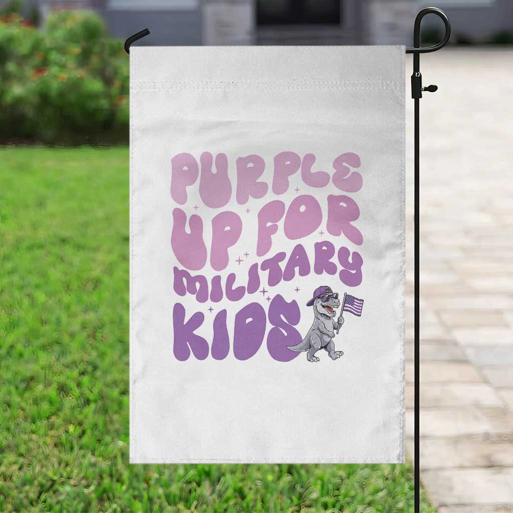 Purple Up For Military Kids Garden Flag Groovy Dino Dinosaur Military Child Month