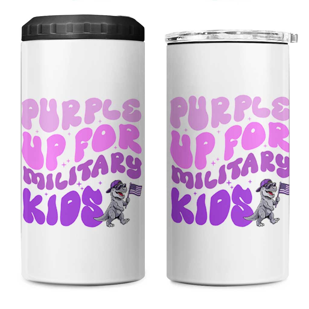 Purple Up For Military Kids 4 in 1 Can Cooler Tumbler Groovy Dino Dinosaur Military Child Month