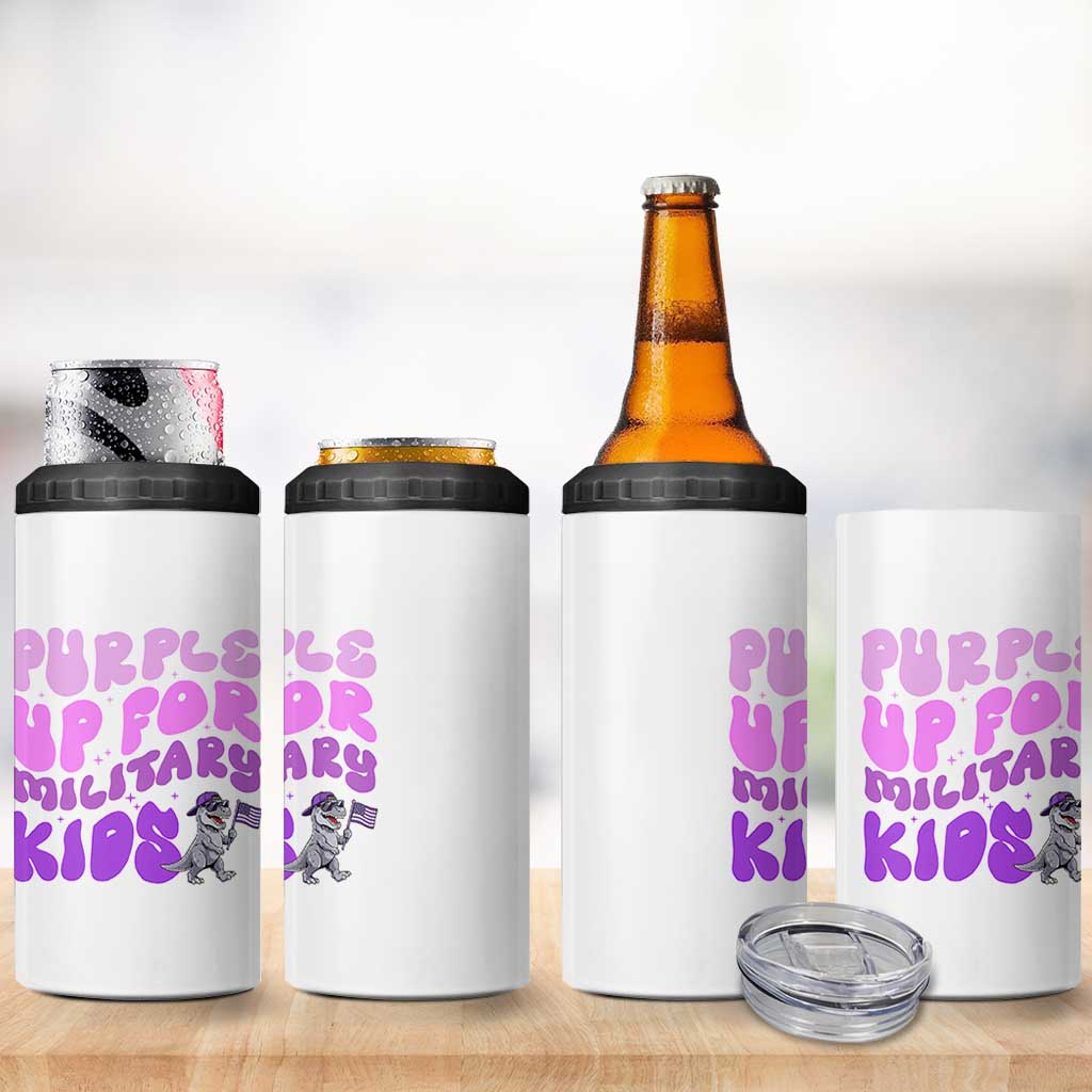 Purple Up For Military Kids 4 in 1 Can Cooler Tumbler Groovy Dino Dinosaur Military Child Month