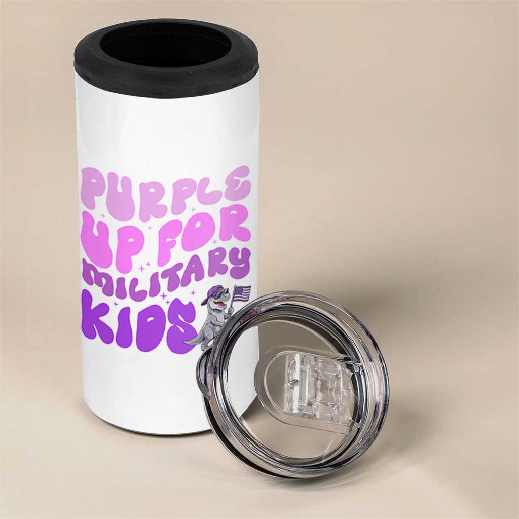 Purple Up For Military Kids 4 in 1 Can Cooler Tumbler Groovy Dino Dinosaur Military Child Month
