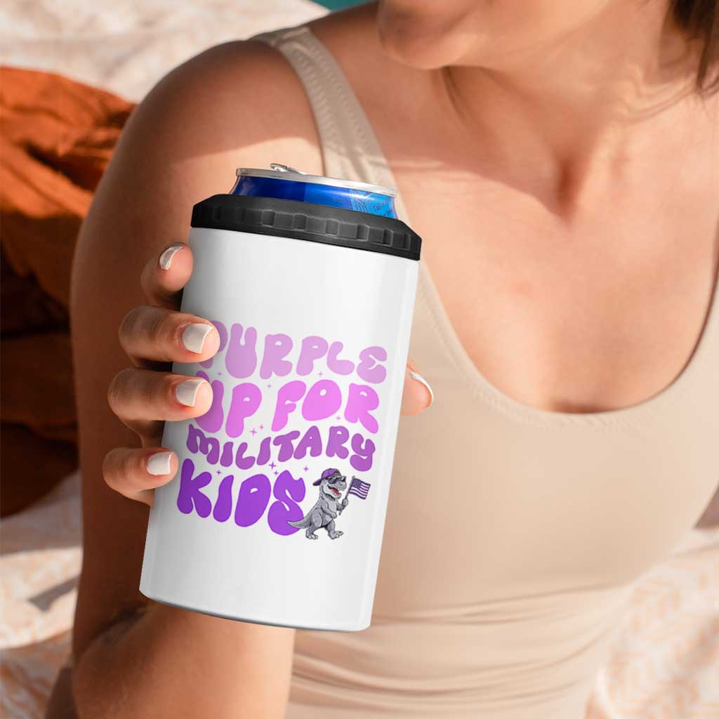 Purple Up For Military Kids 4 in 1 Can Cooler Tumbler Groovy Dino Dinosaur Military Child Month