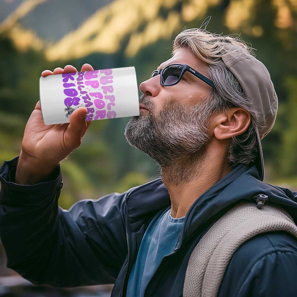 Purple Up For Military Kids 4 in 1 Can Cooler Tumbler Groovy Dino Dinosaur Military Child Month