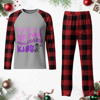 Purple Up For Military Kids Plaid Pajama Set Groovy Dino Dinosaur Military Child Month