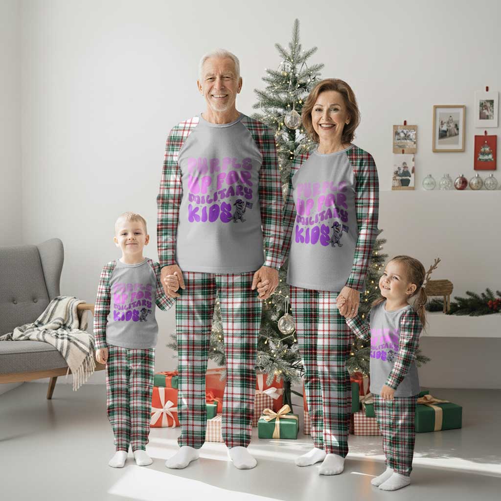 Purple Up For Military Kids Plaid Pajama Set Groovy Dino Dinosaur Military Child Month