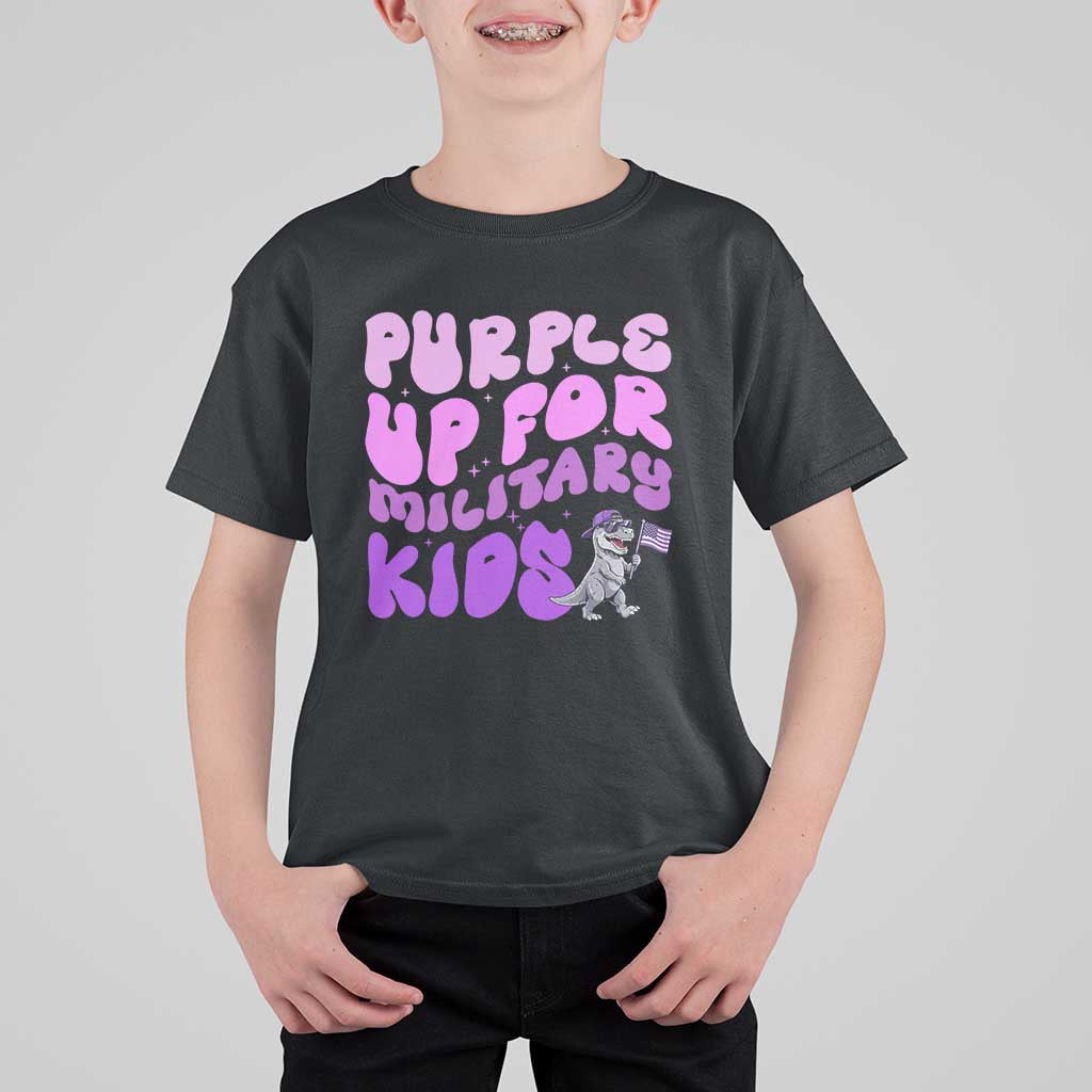 Purple Up For Military Kids T Shirt For Kid Groovy Dino Dinosaur Military Child Month
