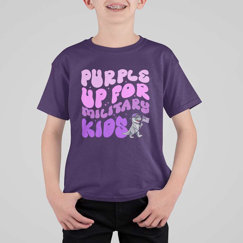 Purple Up For Military Kids T Shirt For Kid Groovy Dino Dinosaur Military Child Month