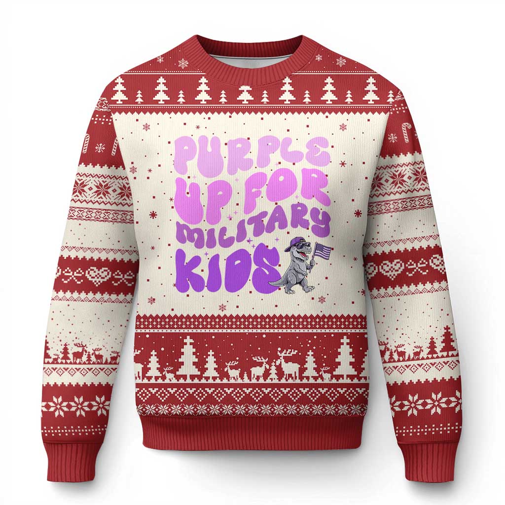 Purple Up For Military Kids Ugly Christmas Sweater Groovy Dino Dinosaur Military Child Month