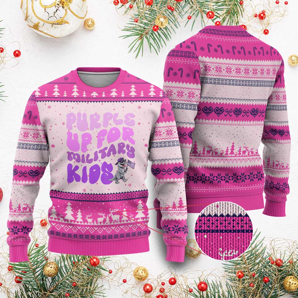 Purple Up For Military Kids Ugly Christmas Sweater Groovy Dino Dinosaur Military Child Month