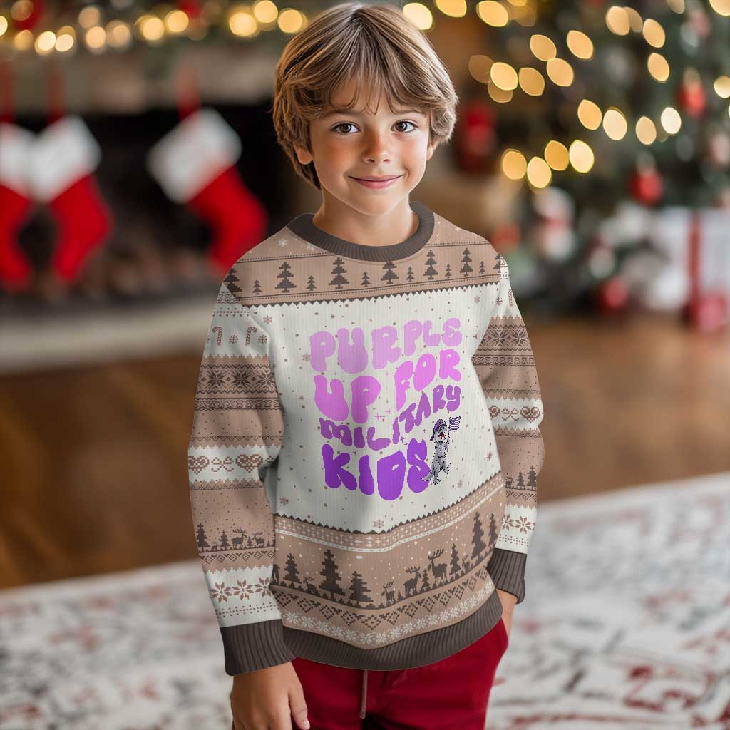 Purple Up For Military Kids Ugly Christmas Sweater Groovy Dino Dinosaur Military Child Month