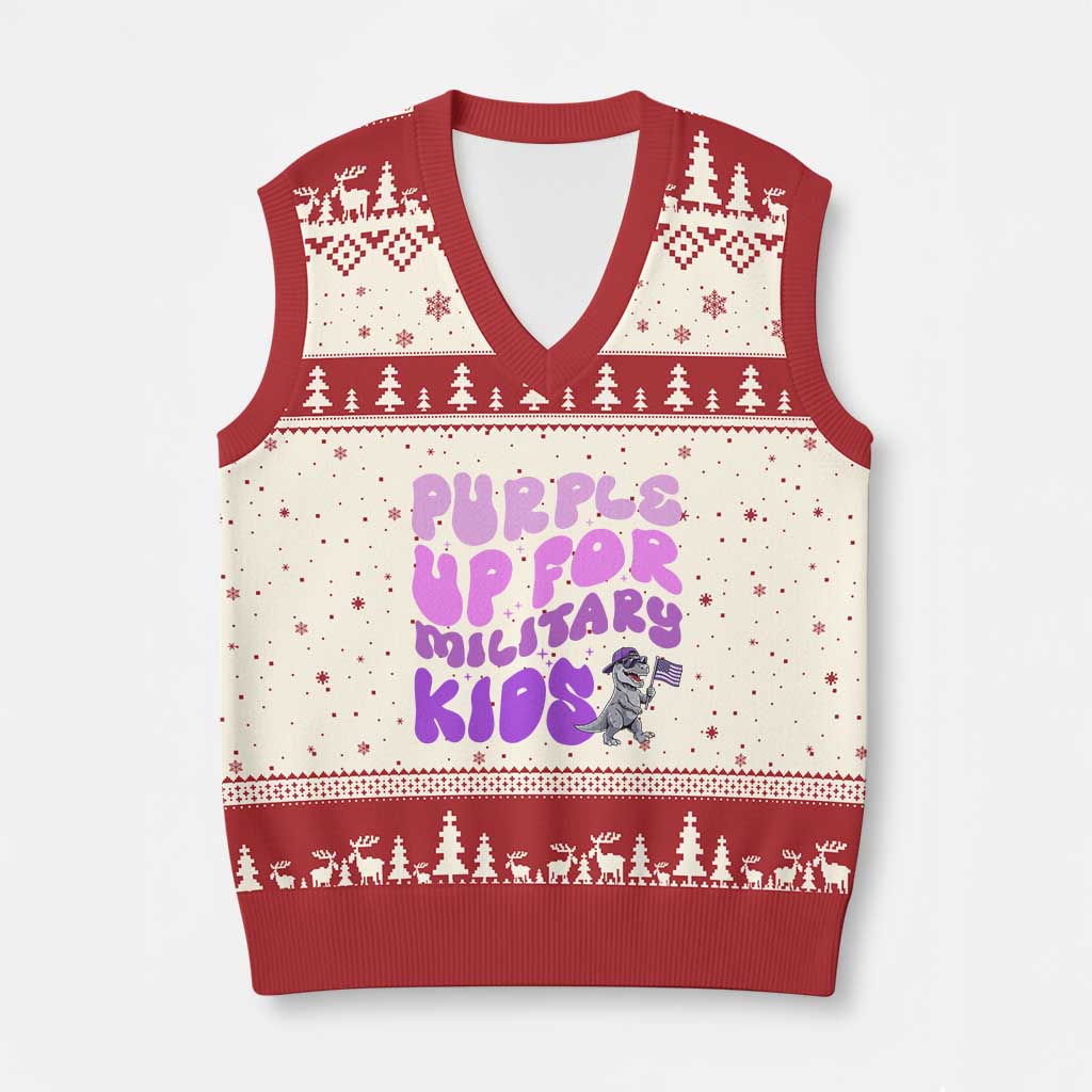 Purple Up For Military Kids V-Neck Knit Sweater Vest Groovy Dino Dinosaur Military Child Month